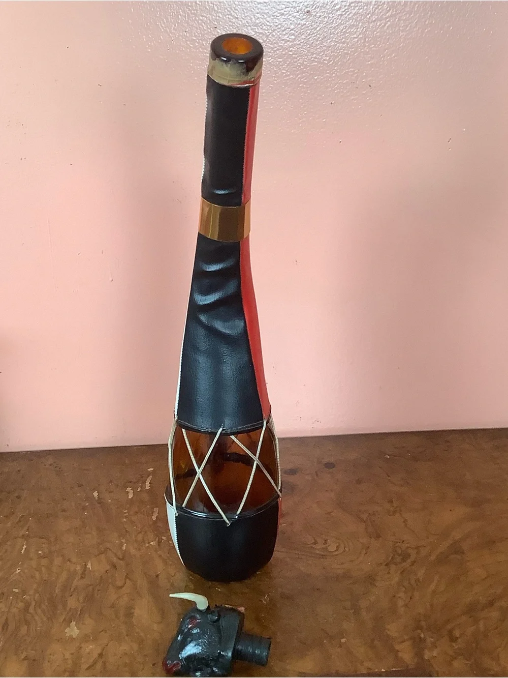 Red Black Leather-Wrapped Glass Decanter, Bull Head Stopper & Wood Handle 18”